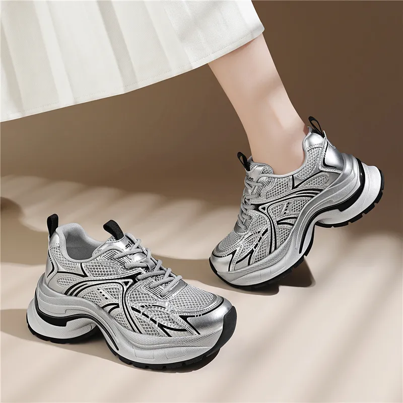 Golden Silk Rabbit Cushioning Anti Slip And Wear Resistant Height Increasing Low Top Chunky Sneakers Women's-5