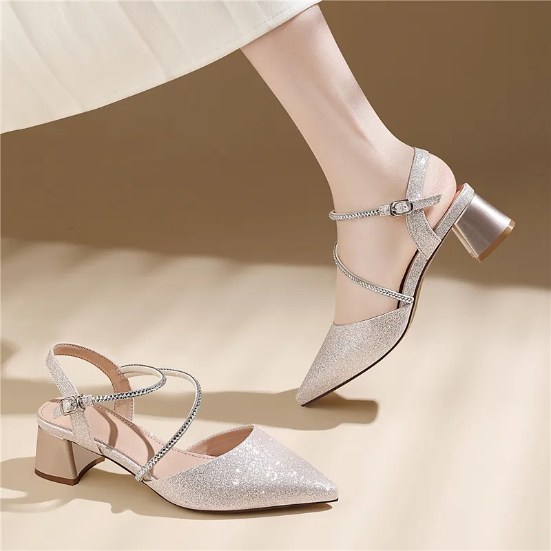 Golden Silk Rabbit Chunky Heel High Heels Women's-6