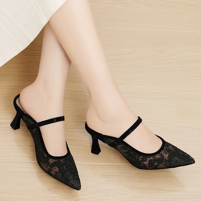 Golden Silk Rabbit Wrap toe Slippers Women's Black-4