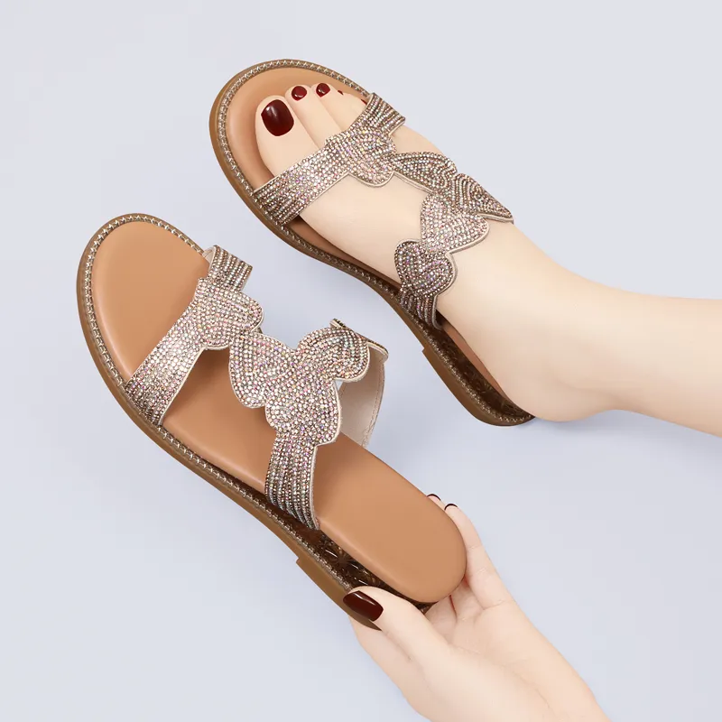 Golden Silk Rabbit Rubber Sole Rhinestone Quiet Slip Resistant Slide Slippers Women's-12