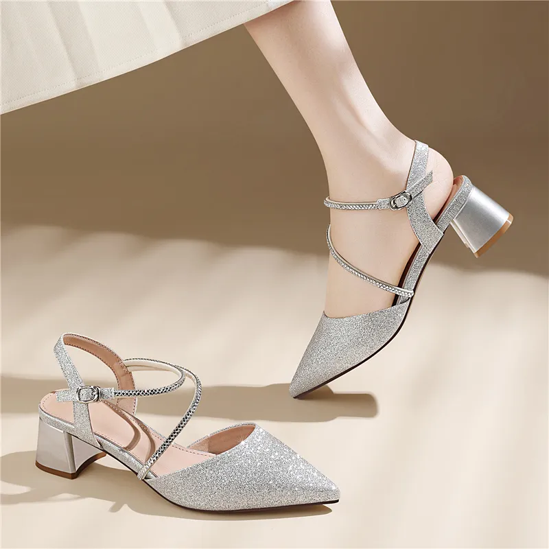 Golden Silk Rabbit Chunky Heel High Heels Women's-13