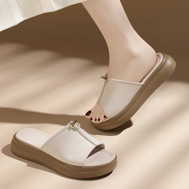 Golden Silk Rabbit PU Polyurethane Leather Patchwork Slide Slippers Women's-15