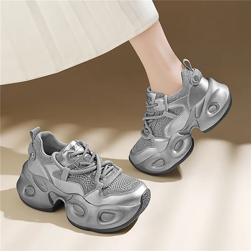 Golden Silk Rabbit Breathable Lightweight Height Increasing Low Top Chunky Sneakers Women's-9