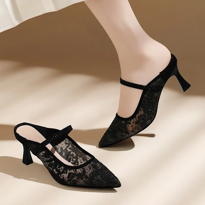 Golden Silk Rabbit Wrap toe Slippers Women's Black-6