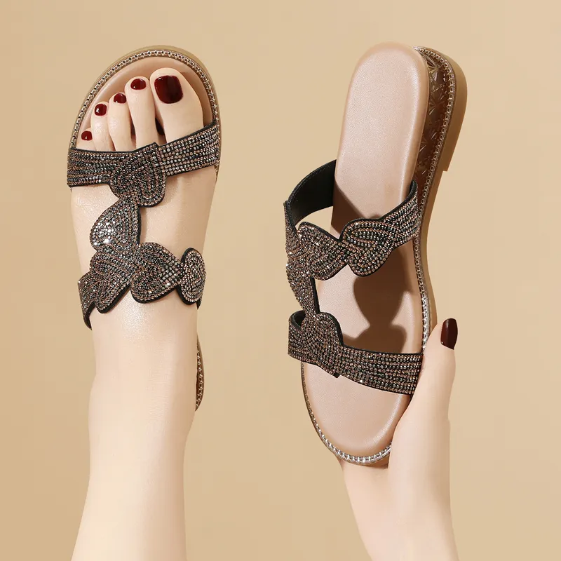 Golden Silk Rabbit Rubber Sole Rhinestone Quiet Slip Resistant Slide Slippers Women's-8
