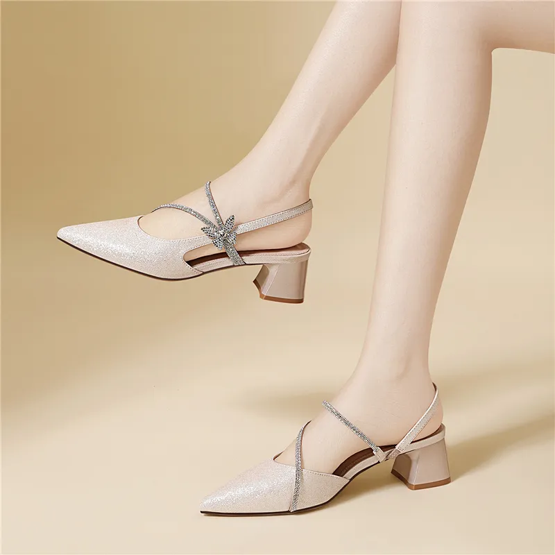 Golden Silk Rabbit Chunky Heel High Heels Women's-5