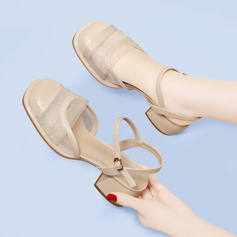 Golden Silk Rabbit Chunky Heel High Heels 5.5cm Women's-15