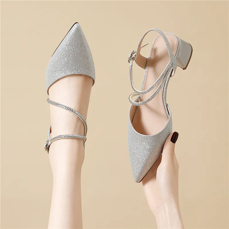 Golden Silk Rabbit Chunky Heel High Heels Women's-12