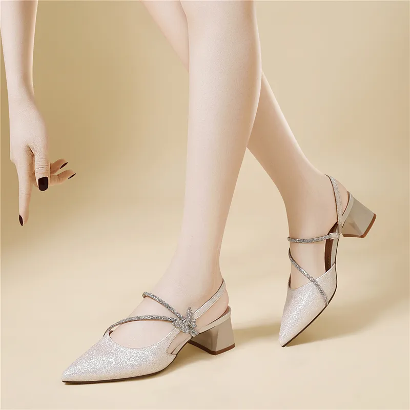 Golden Silk Rabbit Chunky Heel High Heels Women's-4