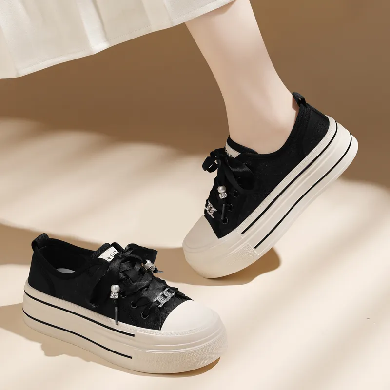 Golden Silk Rabbit Breathable Lightweight Height Increasing Low-Top Casual Shoes Women's Black-7