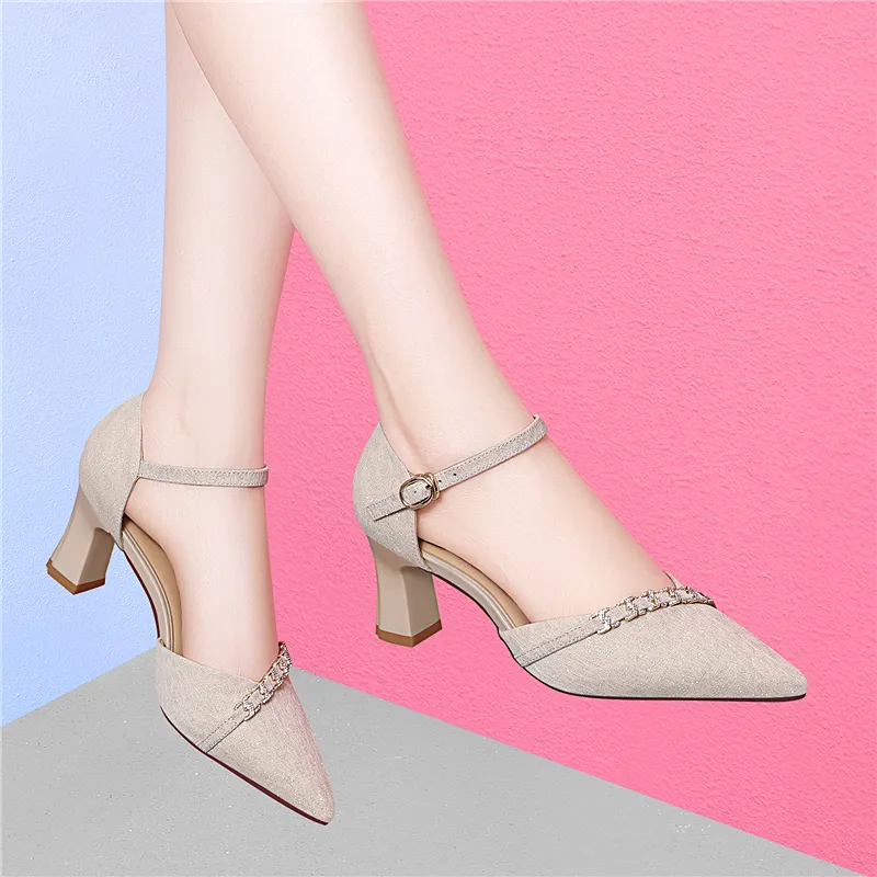Golden Silk Rabbit Chunky Heel High Heels Women's-9