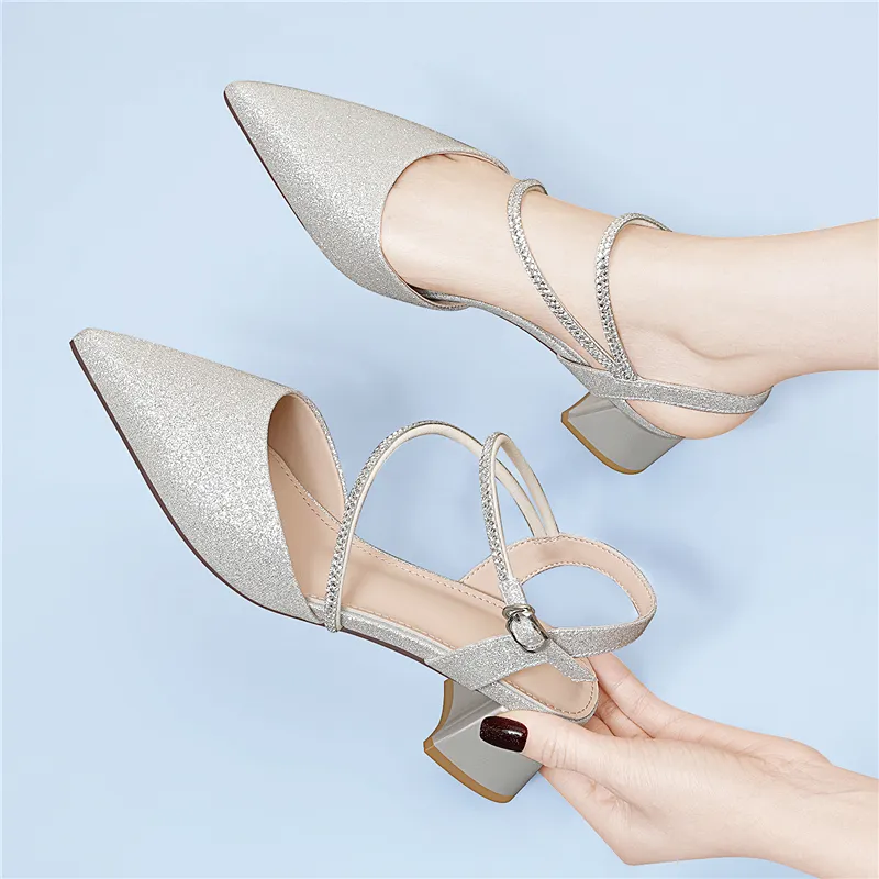 Golden Silk Rabbit Chunky Heel High Heels Women's-11