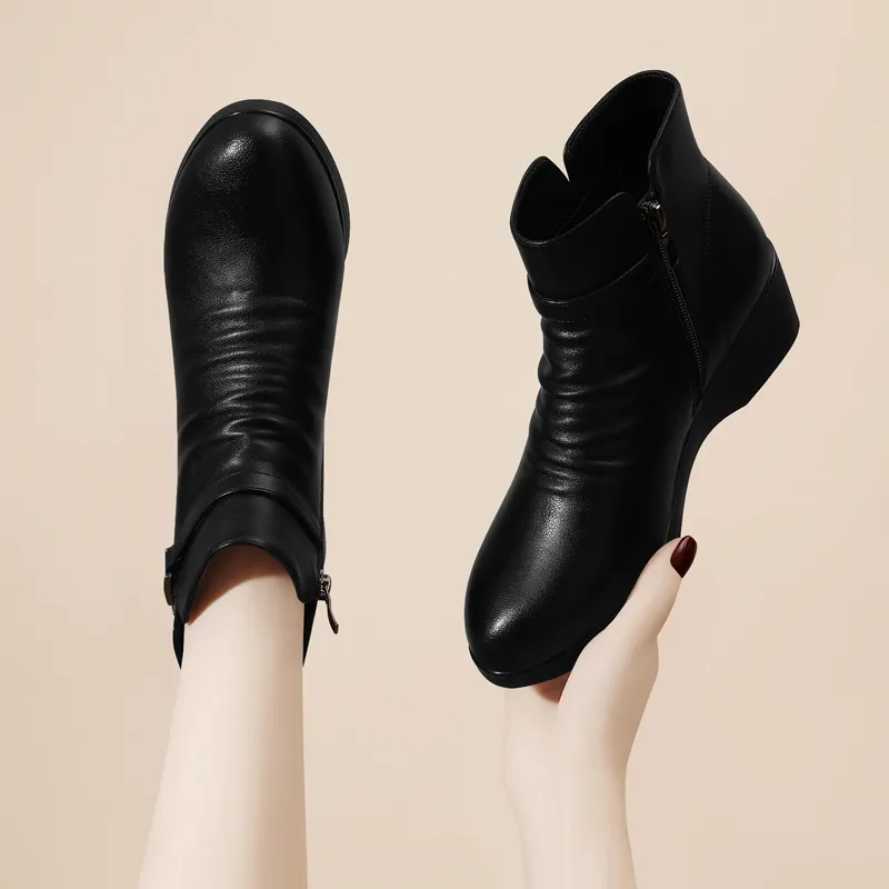 Golden Silk Rabbit Ankle Boots 4.5cm Women's Black-3