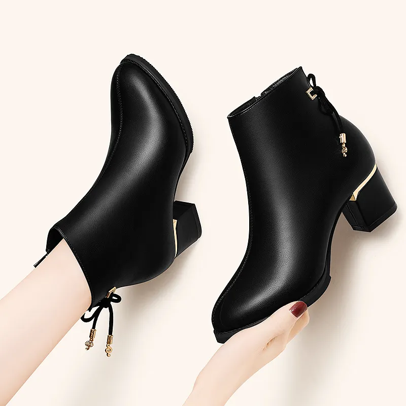 Golden Silk Rabbit Ankle Boots Women's Black-4