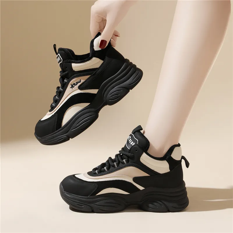 Golden Silk Rabbit Cushioning, Slip Resistant, Abrasion Resistant, Height Increasing Mid Top Chunky Sneakers Women's-3