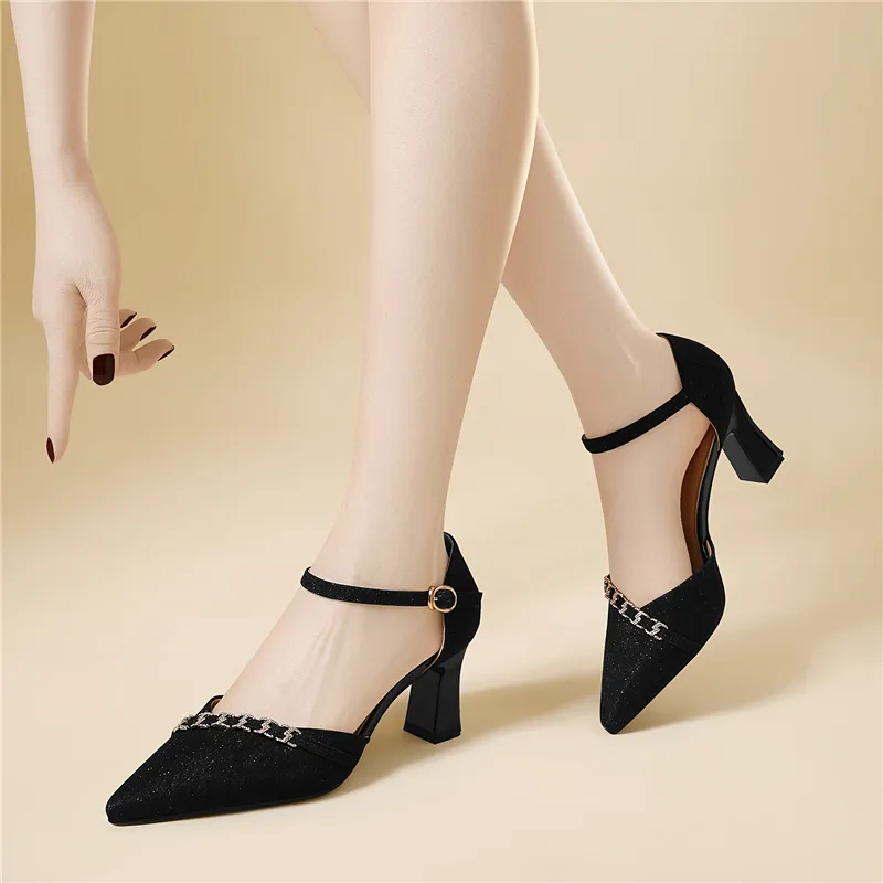 Golden Silk Rabbit Chunky Heel High Heels Women's-3