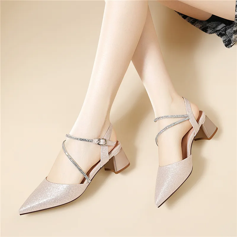 Golden Silk Rabbit Chunky Heel High Heels Women's-4