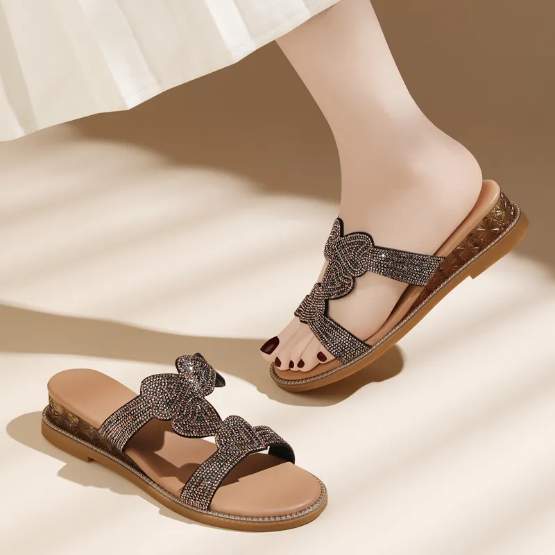 Golden Silk Rabbit Rubber Sole Rhinestone Quiet Slip Resistant Slide Slippers Women's-7