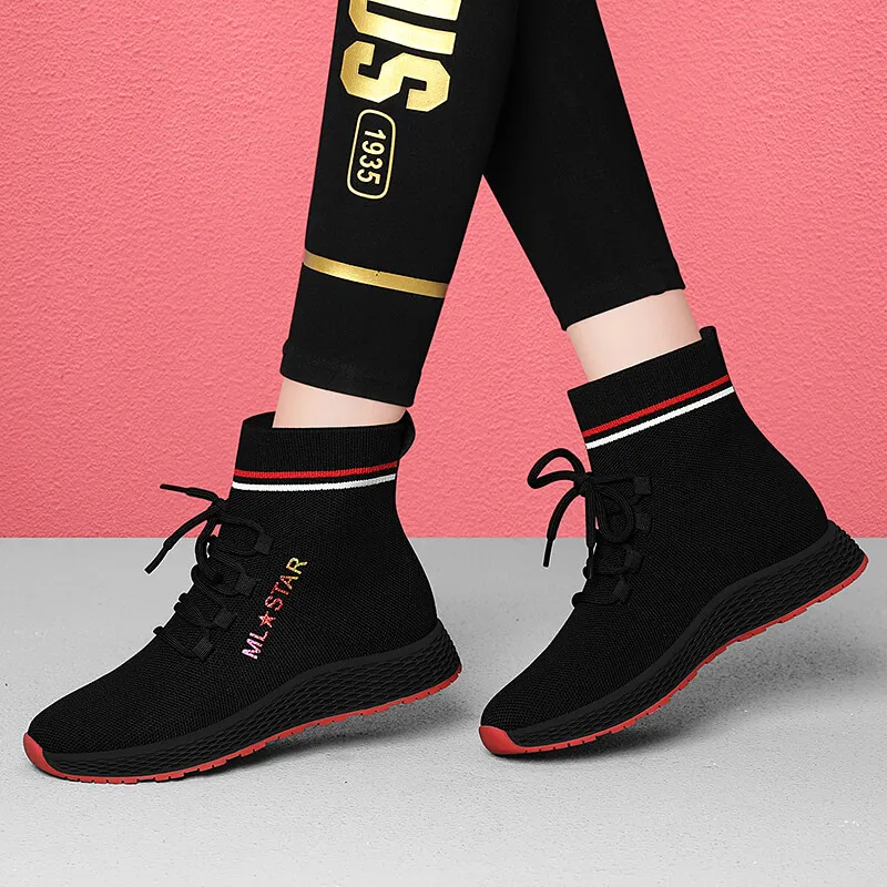 Golden Silk Rabbit High-Top Casual Shoes 3cm Women's Black Red-2