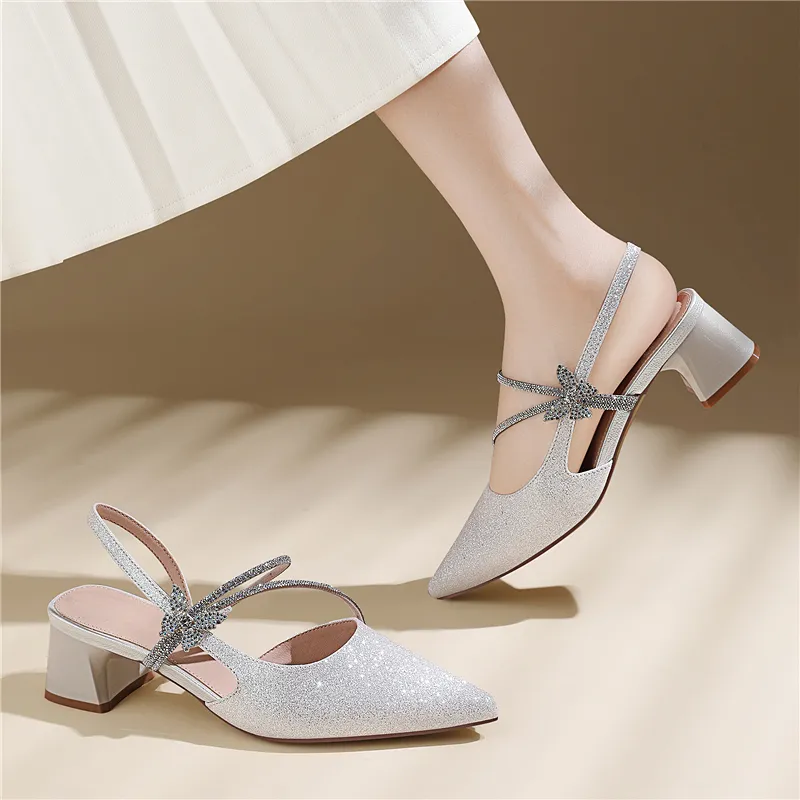 Golden Silk Rabbit Chunky Heel High Heels Women's-14