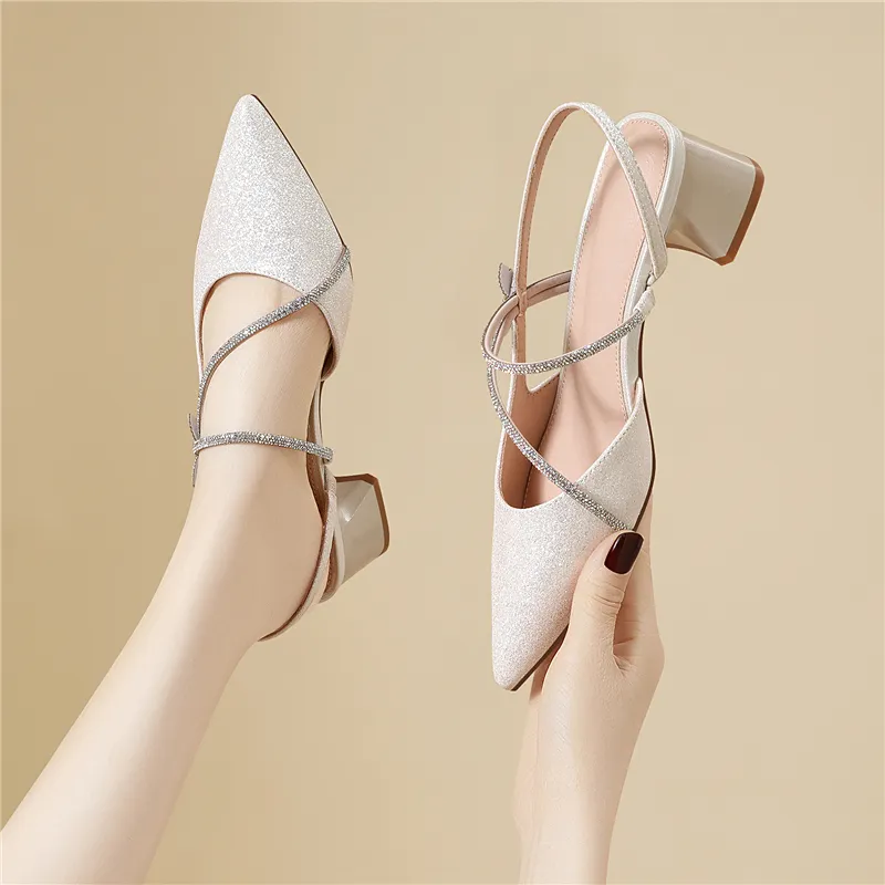 Golden Silk Rabbit Chunky Heel High Heels Women's-3