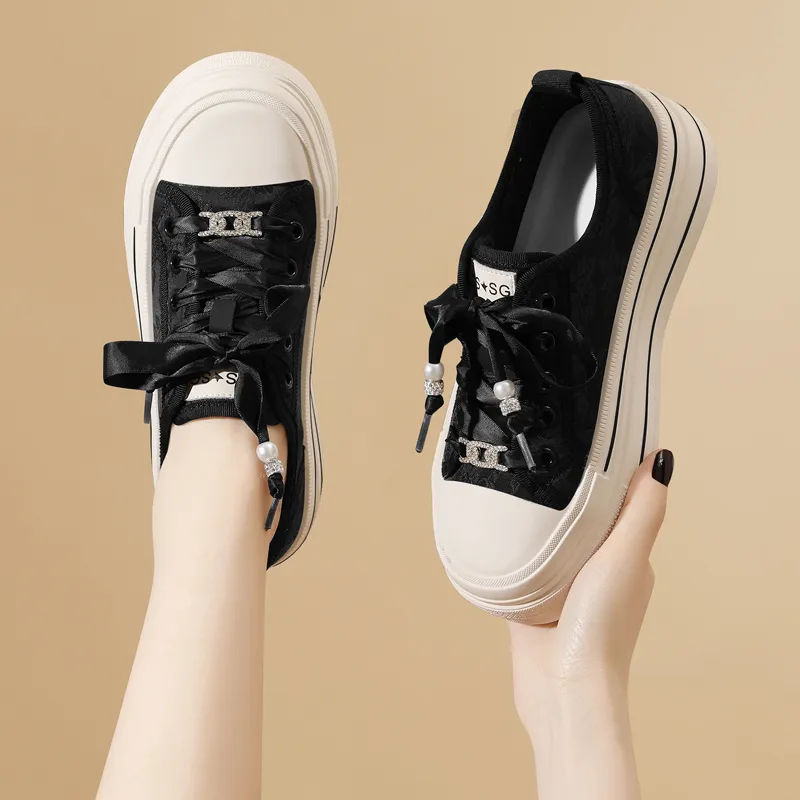 Golden Silk Rabbit Breathable Lightweight Height Increasing Low-Top Casual Shoes Women's Black-4