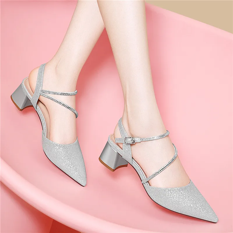 Golden Silk Rabbit Chunky Heel High Heels Women's-10
