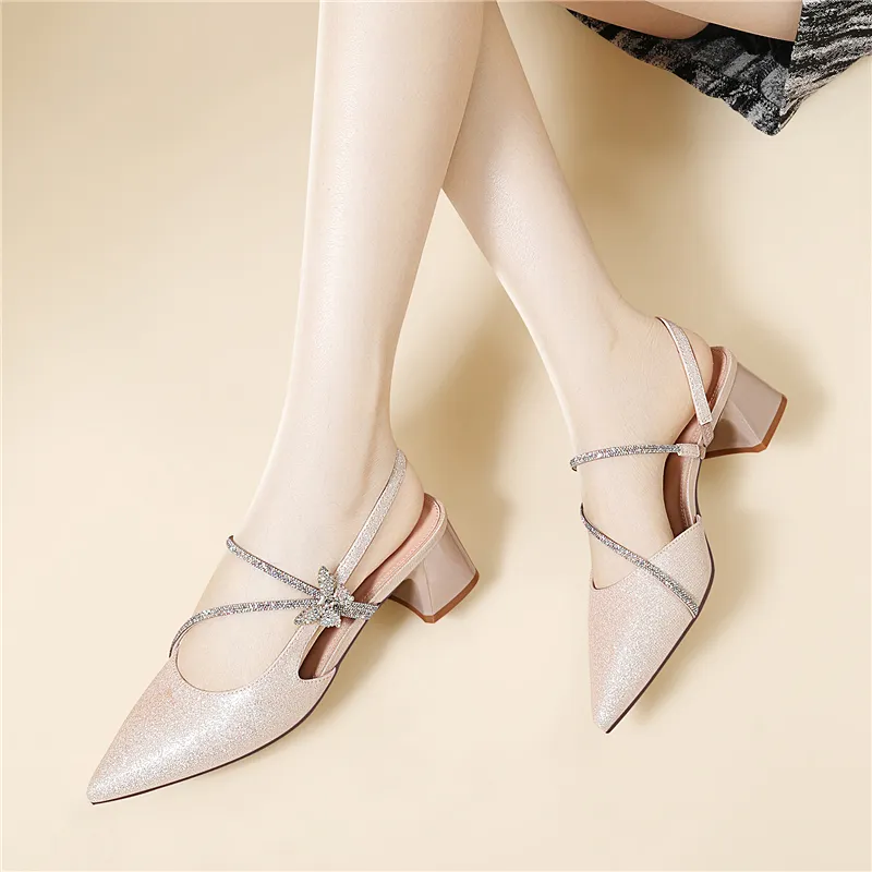 Golden Silk Rabbit Chunky Heel High Heels Women's-7