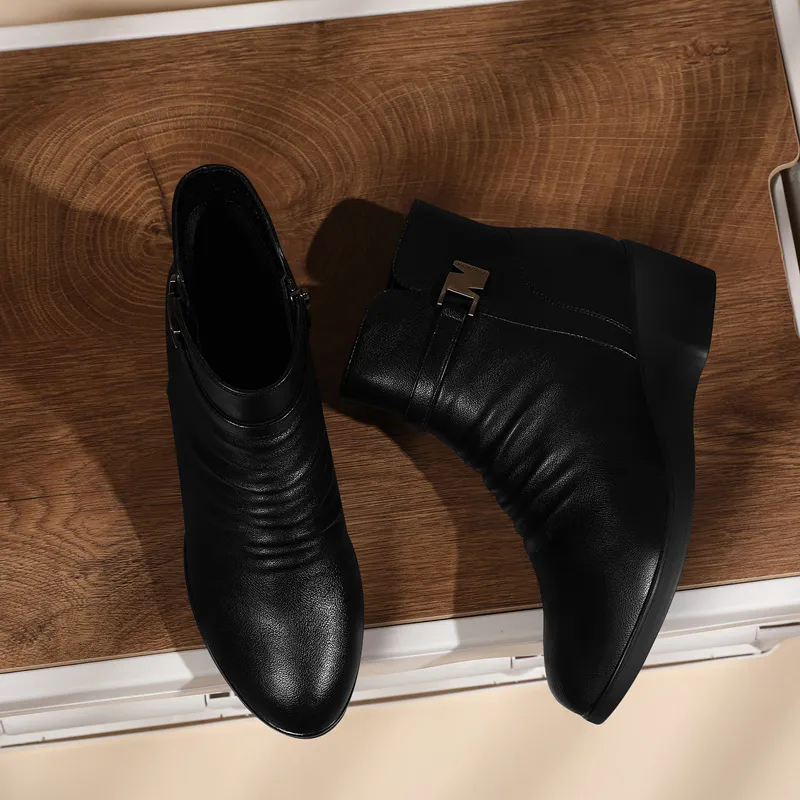 Golden Silk Rabbit Ankle Boots 4.5cm Women's Black-1