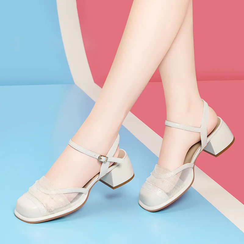 Golden Silk Rabbit Chunky Heel High Heels 5.5cm Women's-4