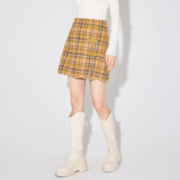 XOOR Casual Short Skirts Women's Yellow Plaid-4