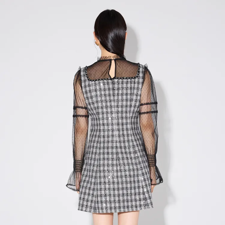 XOOR Long Sleeved Dresses Women's Black White Plaid-2