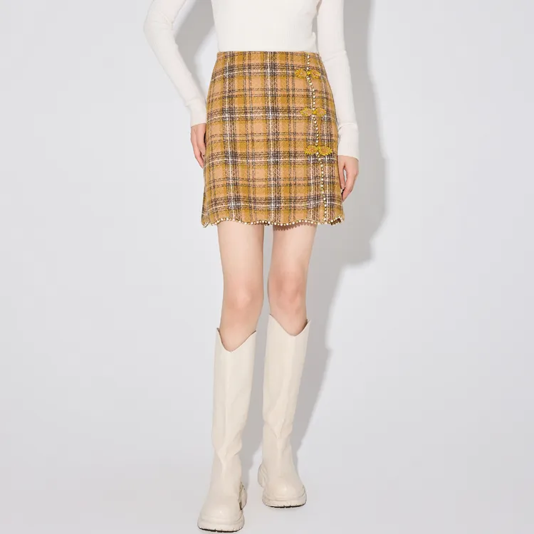 XOOR Casual Short Skirts Women's Yellow Plaid-2