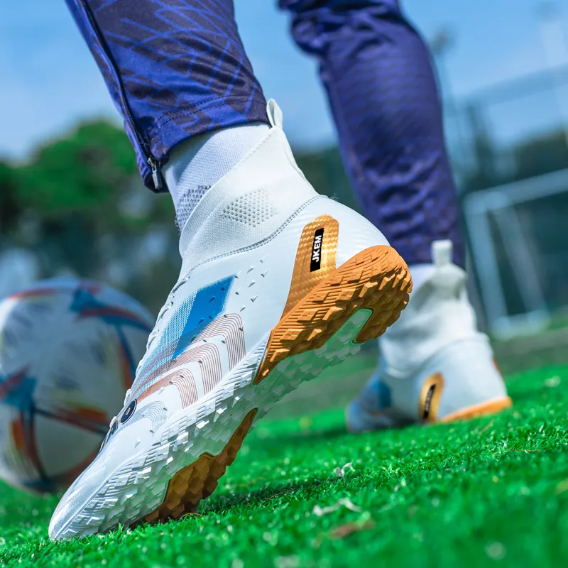 JKEM Soccer Shoes Unisex Mid Top White Gold/Black Gold/Gold/Aqua-26