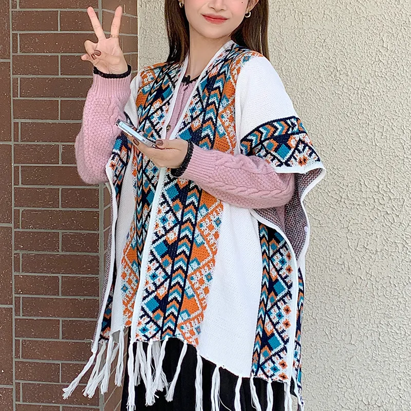 Narandu Polyester Shawls Women's White/Navy Blue-2