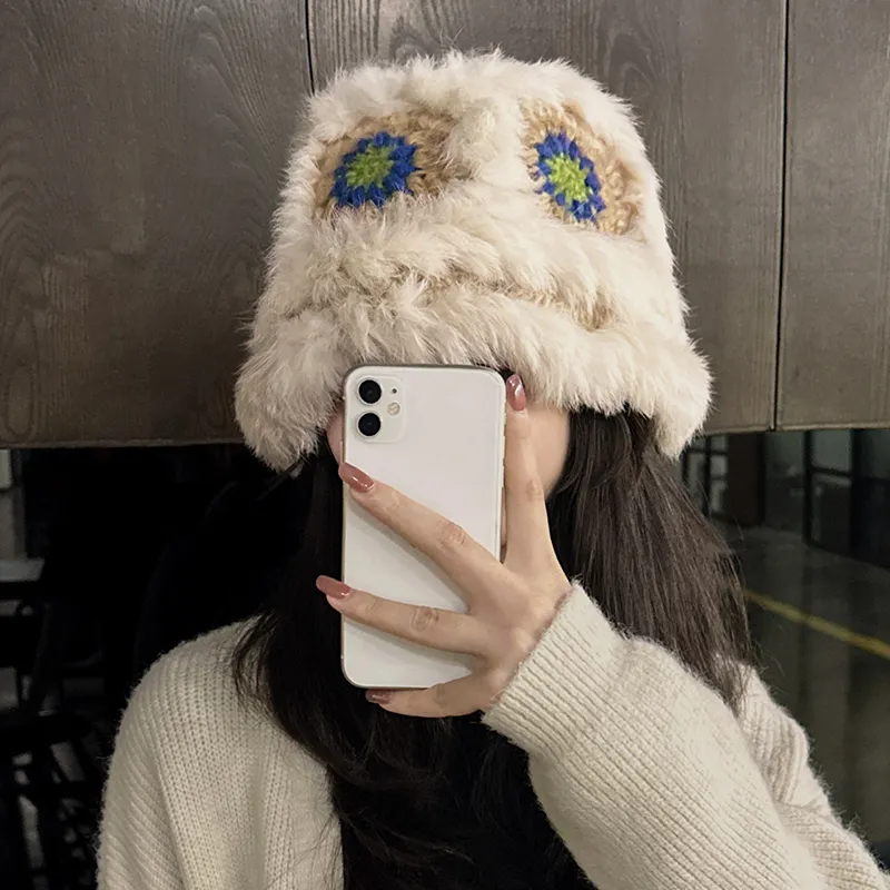 Narandu Rabbit Hair Beanies Women's Khaki With Blue Print/Green Floral-1