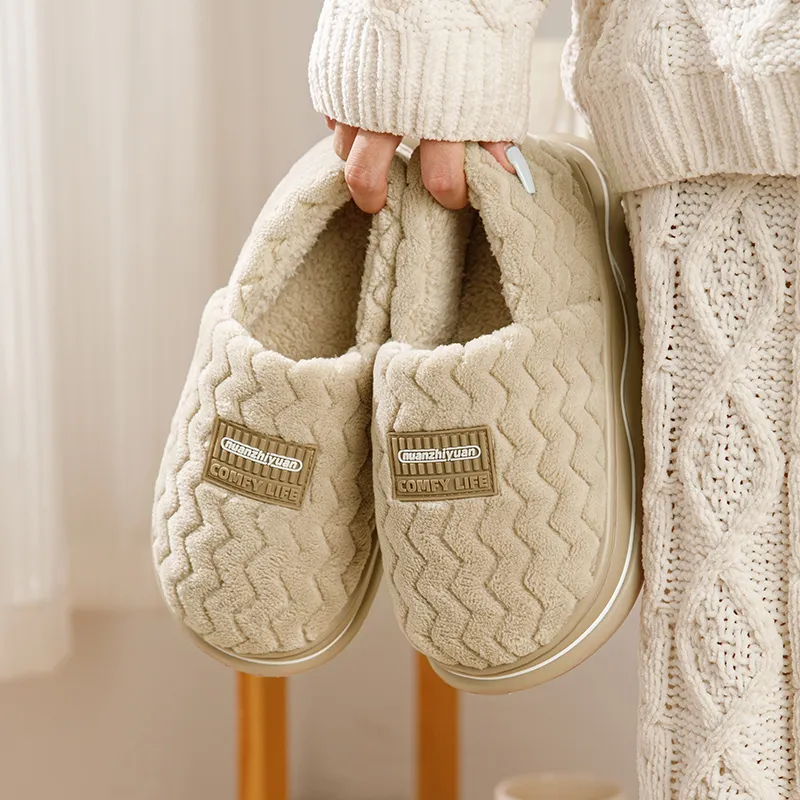 Warm Edge Unisex Minimalist Style Home Indoor Fall And Winter Slip Resistant Fleece Lined Warm Couple Padded Shoes-5