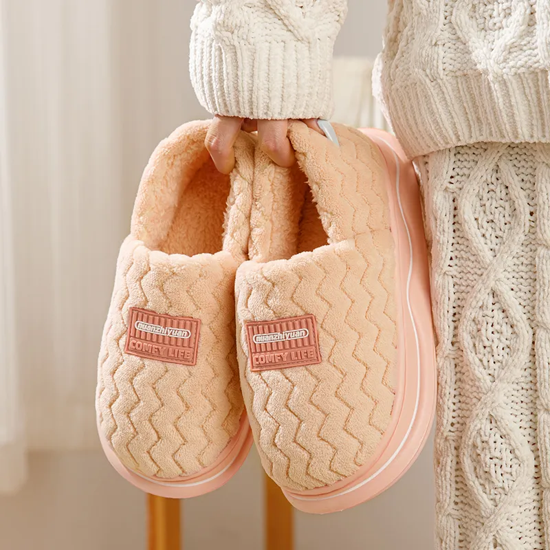 Warm Edge Unisex Minimalist Style Home Indoor Fall And Winter Slip Resistant Fleece Lined Warm Couple Padded Shoes-2