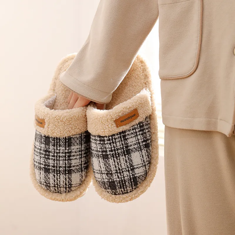 Cotton Slippers For Fall And Winter Indoor Unisex Slip Resistant Fleece Lined Warm Couple's Floor Cotton Slippers-2