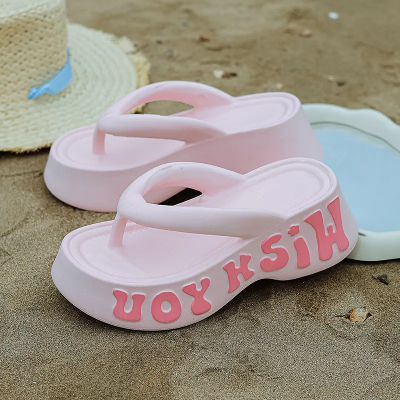 Warm Edge Fashion Flip Flops For Women's Summer Outerwear Trendy Platform Height Increasing Versatile Beach Slippers-9
