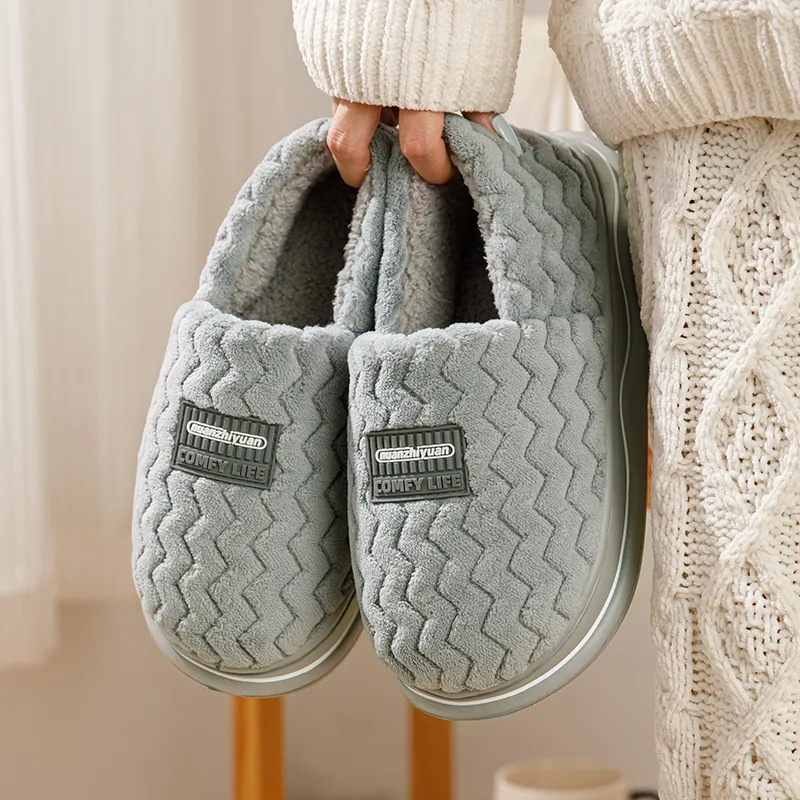 Warm Edge Unisex Minimalist Style Home Indoor Fall And Winter Slip Resistant Fleece Lined Warm Couple Padded Shoes-14