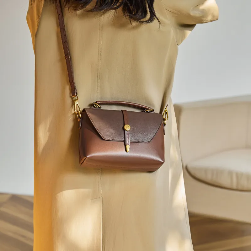 Narandu Cow Leather Patchwork Synthetic Leather Handbag Small Size Women's Coffee-4