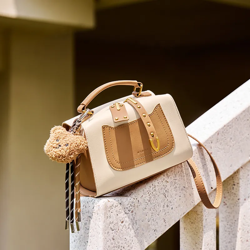 Narandu Cow Leather With Synthetic Leather Pillow Shoulder Bag, Crossbody Bag, Handbag Women's Ecru & Apricot-5