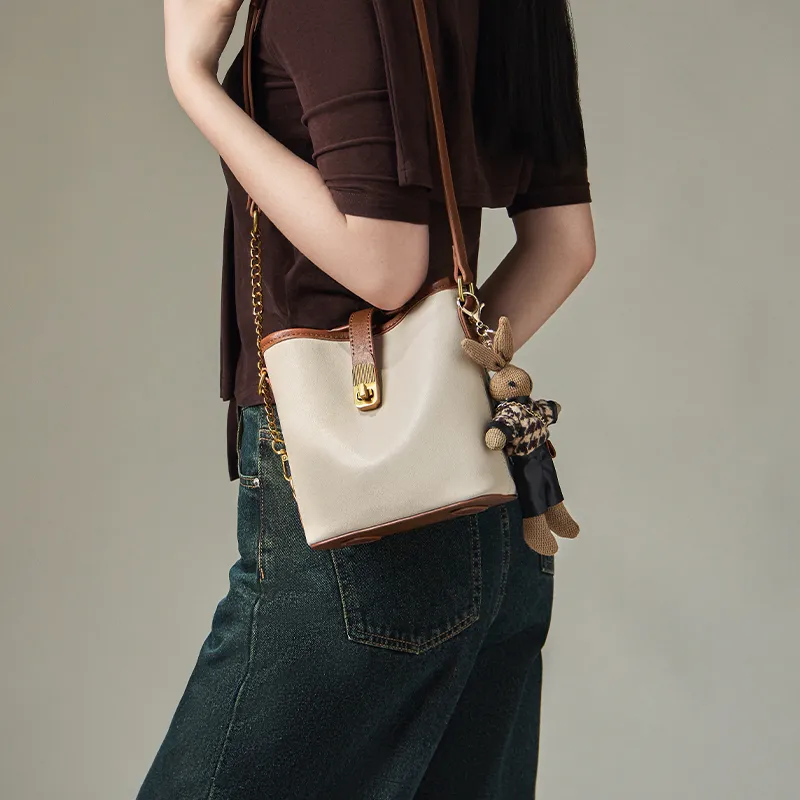 Narandu Synthetic Leather With Cow Leather Bucket Bag, Shoulder Bag Small Size Women's Vegetable Tanned Ecru & Brown-5