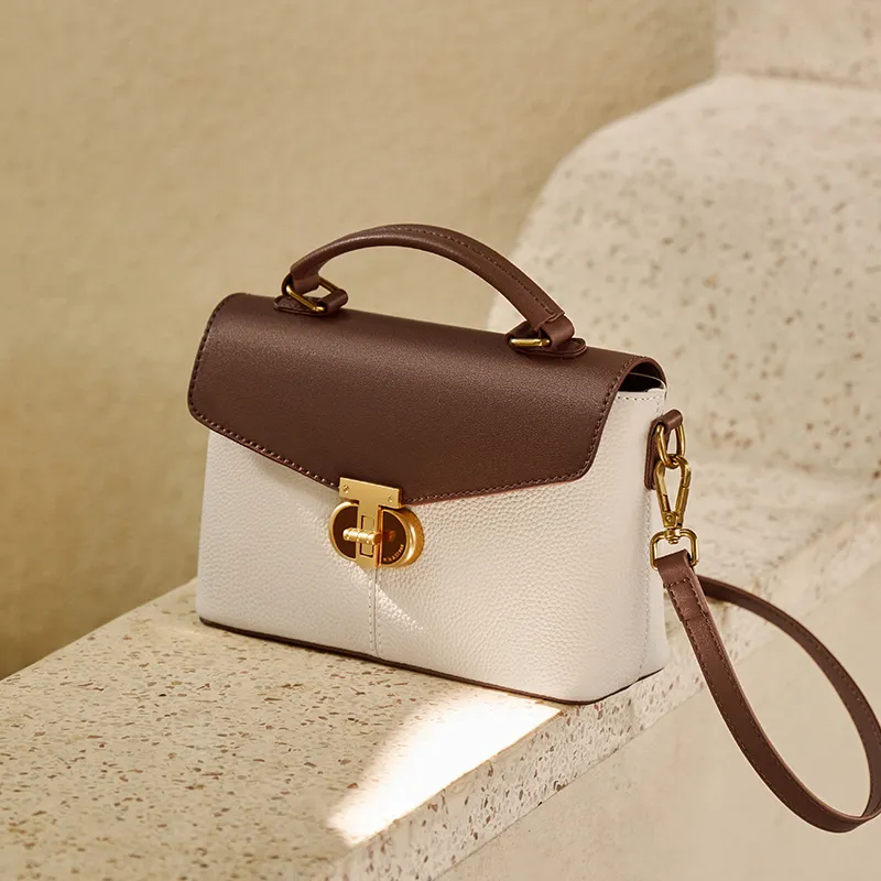 Narandu Cow Leather Shoulder Bag, Crossbody Bag, Handbag Medium Size Women's Ecru & Brown-1