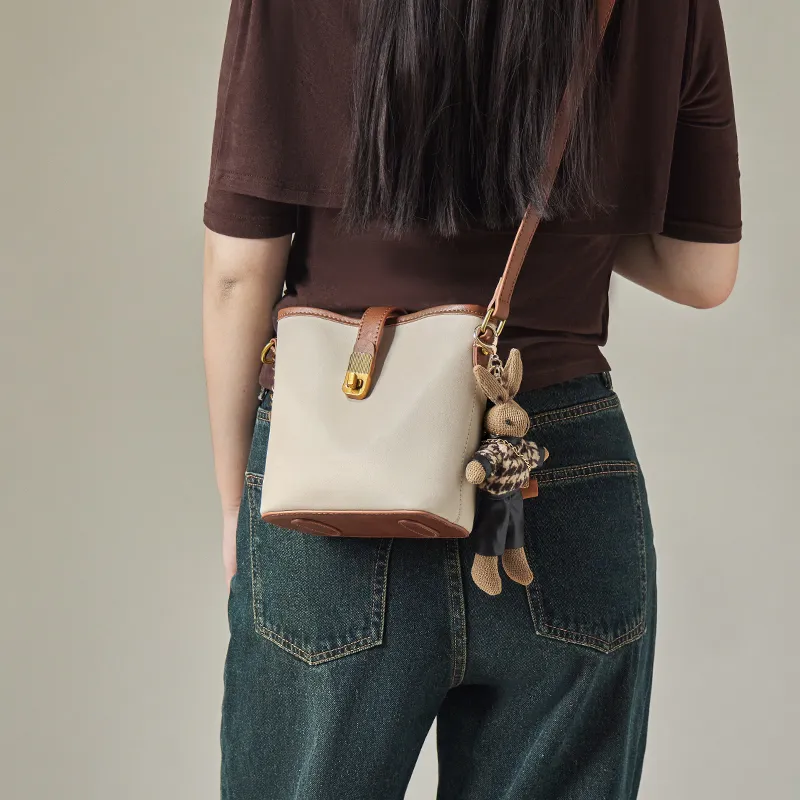 Narandu Synthetic Leather With Cow Leather Bucket Bag, Shoulder Bag Small Size Women's Vegetable Tanned Ecru & Brown-4