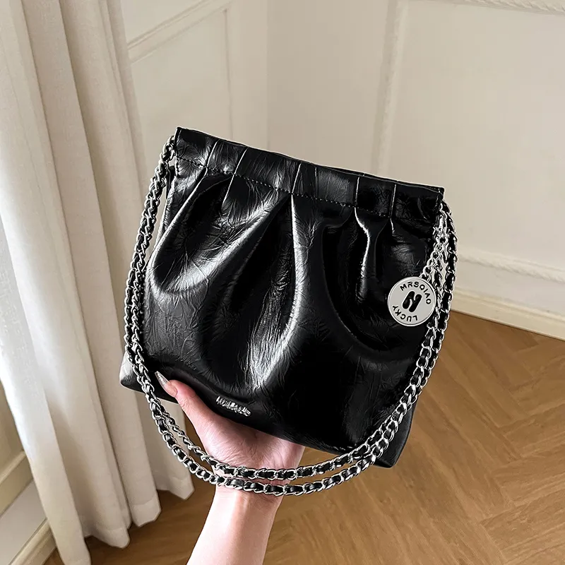 Narandu Synthetic Leather Bucket Bag Shoulder Bag Hobo Bag Regular Women's Midnight Black/Ecru-4
