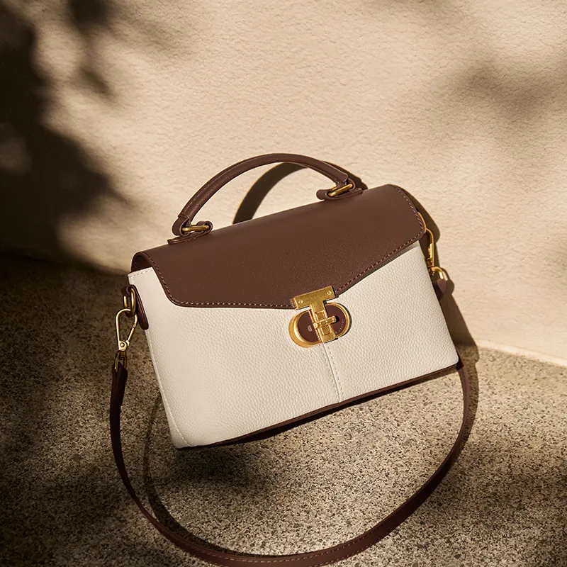 Narandu Cow Leather Shoulder Bag, Crossbody Bag, Handbag Medium Size Women's Ecru & Brown-2