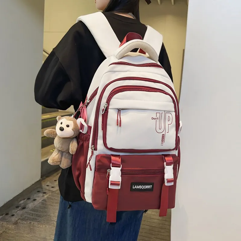 Narandu Fabric Backpacks Large Size Unisex Milk Tea/Burgundy/Pink & Blue-9