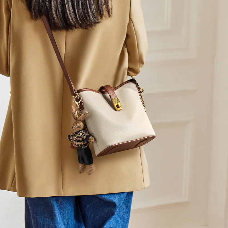 Narandu Synthetic Leather With Cow Leather Bucket Bag, Shoulder Bag Small Size Women's Vegetable Tanned Ecru & Brown-6